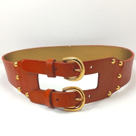 VIA SPIGA Burnt Orange Leather Belt Double Strap Gold Metal Buckles & St… - Picture 15 of 16